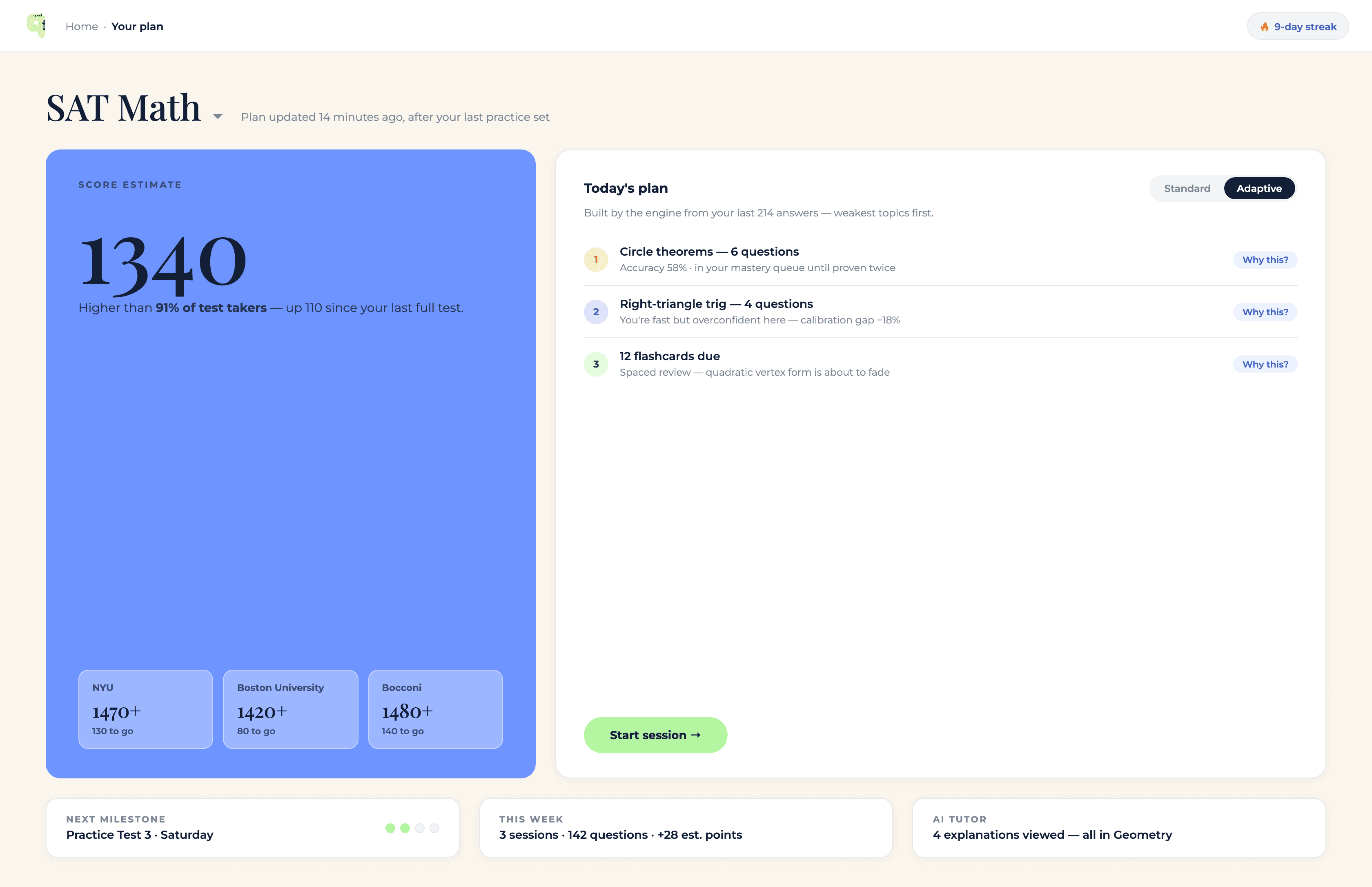 Quad Studio home screen with the AI-built adaptive study plan